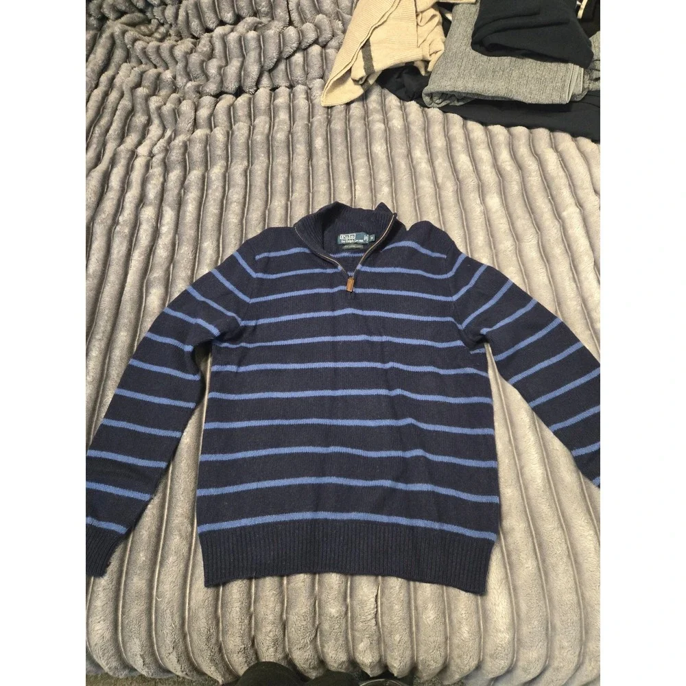 Polo Ralph Lauren Mens Medium Navy Striped 100% Lambswool Quarter Zip Sweater